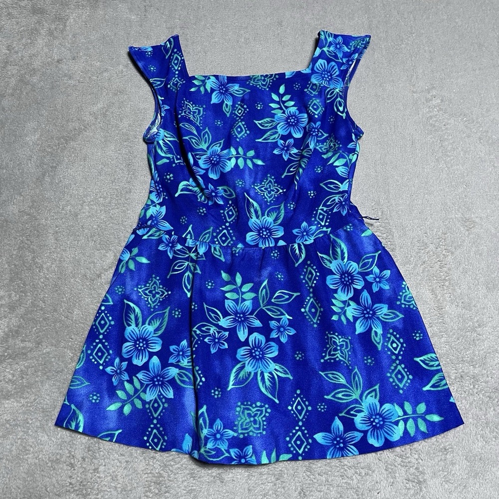 Vintage One Piece Swimsuit Blue Floral Modest Swim Dress Hawaiian Beach Pool